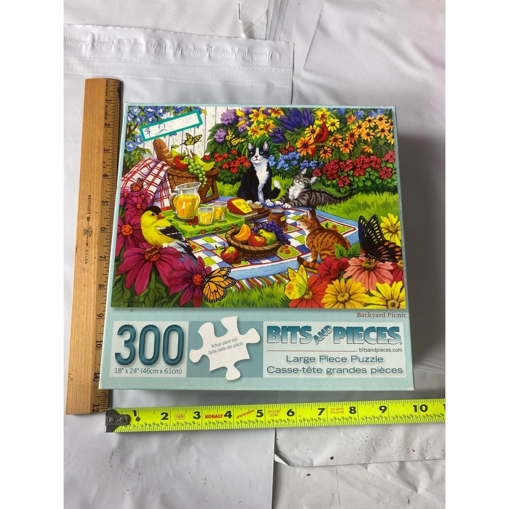 Bits And Pieces Backyard Picnic 300 Large Piece Jigsaw Puzzle Cats Birds